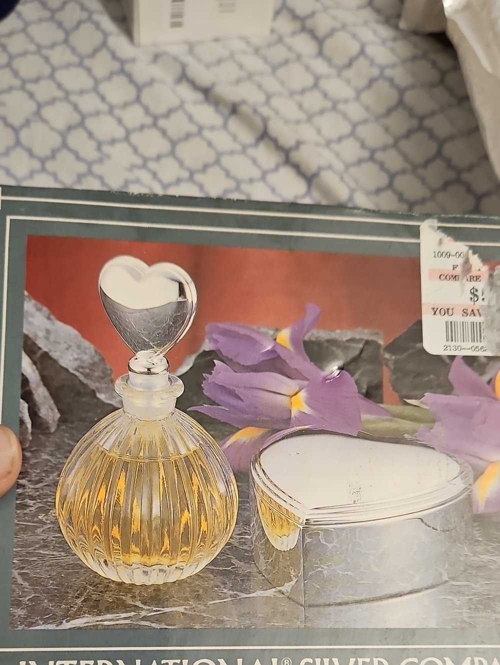 Gold-Toned Glass Heart-Top Perfume Bottle with Silver Trinket Box K1